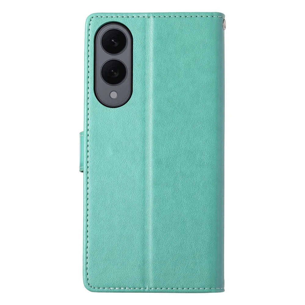 For Samsung Galaxy S25 Edge Wallet Case Butterfly Floral Imprint PU Leather Phone Cover with Wrist Strap - Green - 7