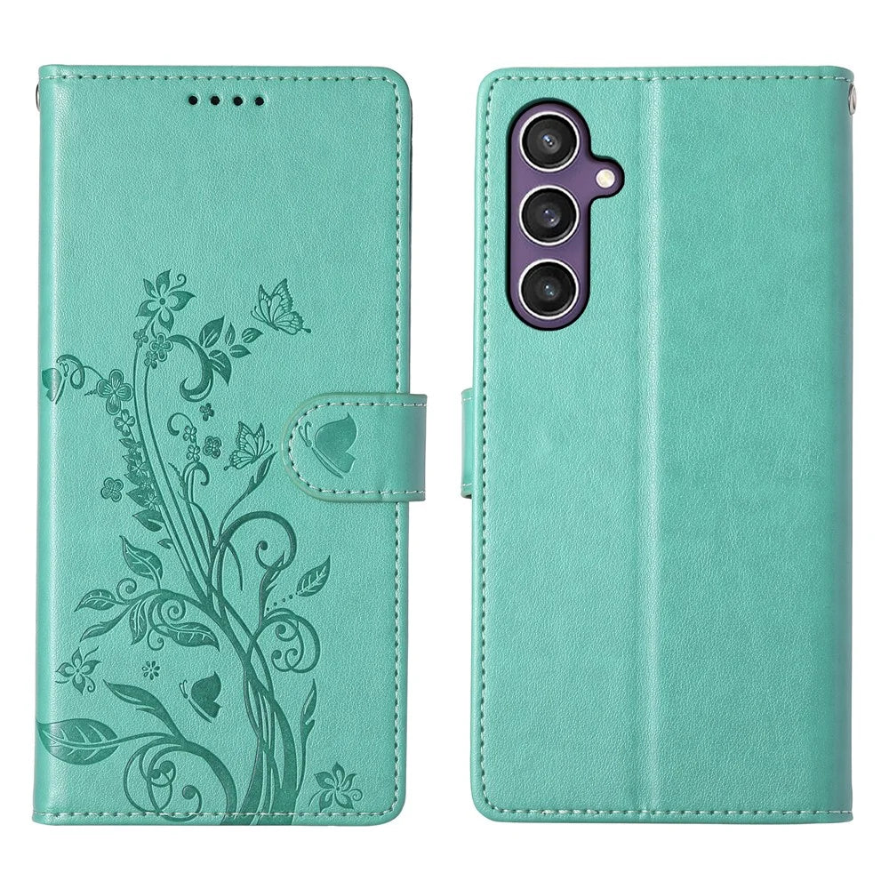 For Samsung Galaxy S25 Wallet Case Butterfly Floral Imprint PU Leather Phone Cover with Wrist Strap - Green - 1