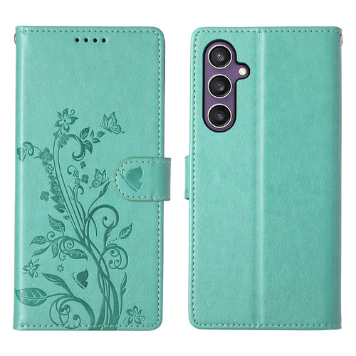 For Samsung Galaxy S25 Wallet Case Butterfly Floral Imprint PU Leather Phone Cover with Wrist Strap - Green - 1