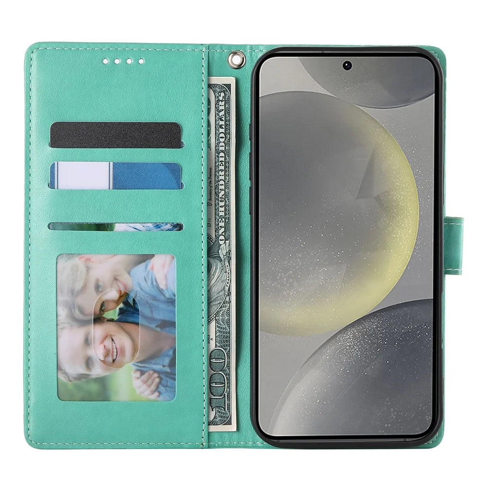 For Samsung Galaxy S25 Wallet Case Butterfly Floral Imprint PU Leather Phone Cover with Wrist Strap - Green - 2