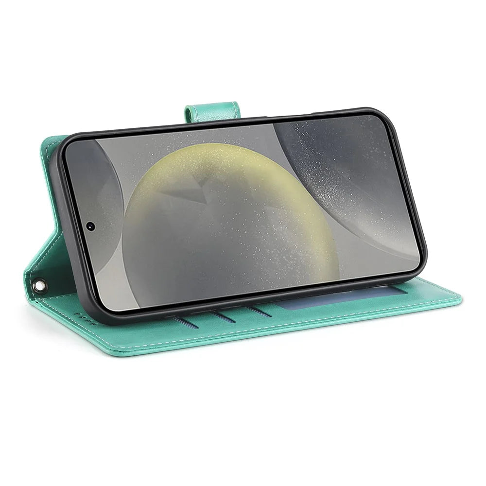 For Samsung Galaxy S25 Wallet Case Butterfly Floral Imprint PU Leather Phone Cover with Wrist Strap - Green - 3
