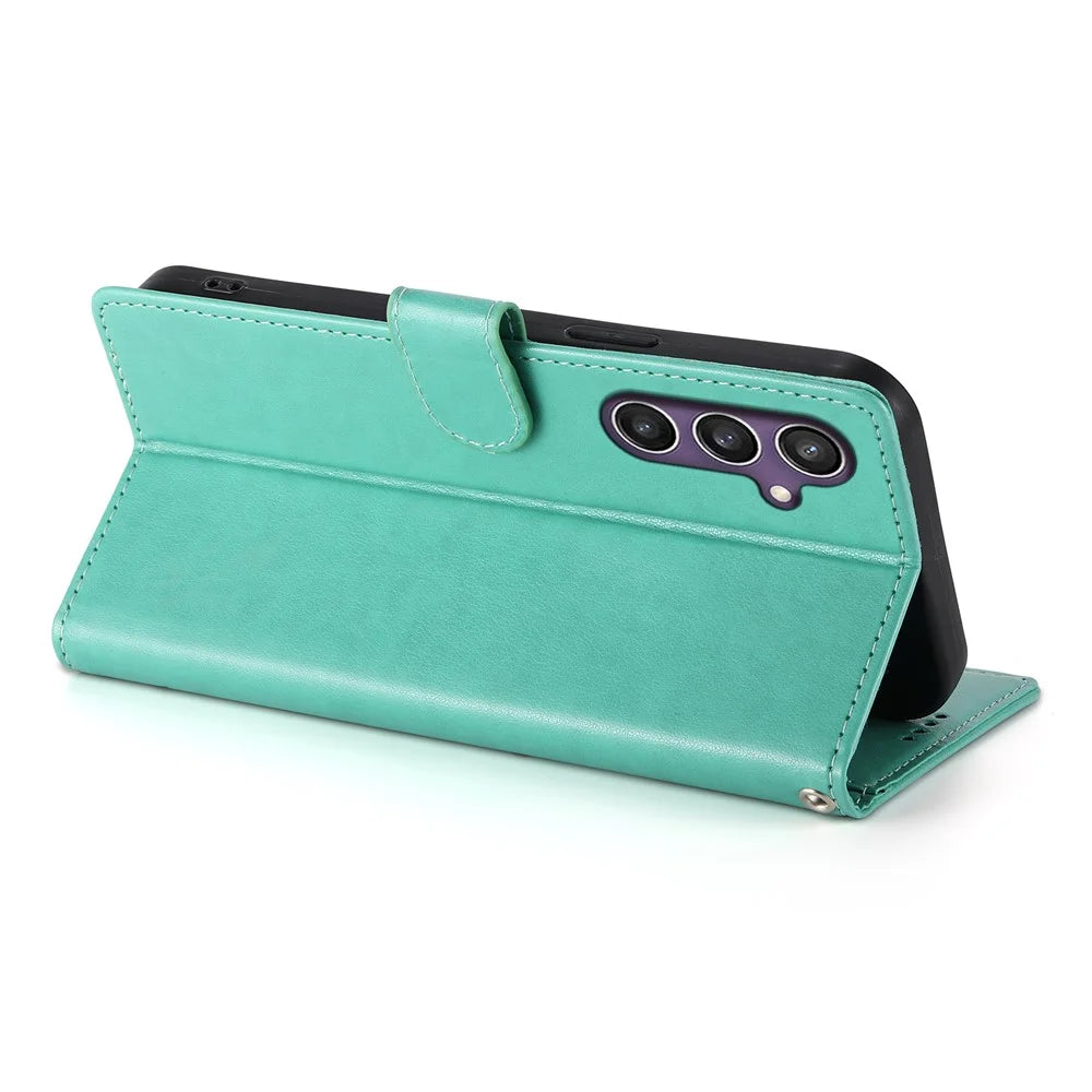 For Samsung Galaxy S25 Wallet Case Butterfly Floral Imprint PU Leather Phone Cover with Wrist Strap - Green - 4