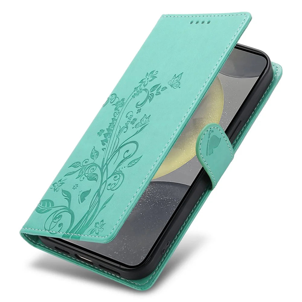 For Samsung Galaxy S25 Wallet Case Butterfly Floral Imprint PU Leather Phone Cover with Wrist Strap - Green - 5