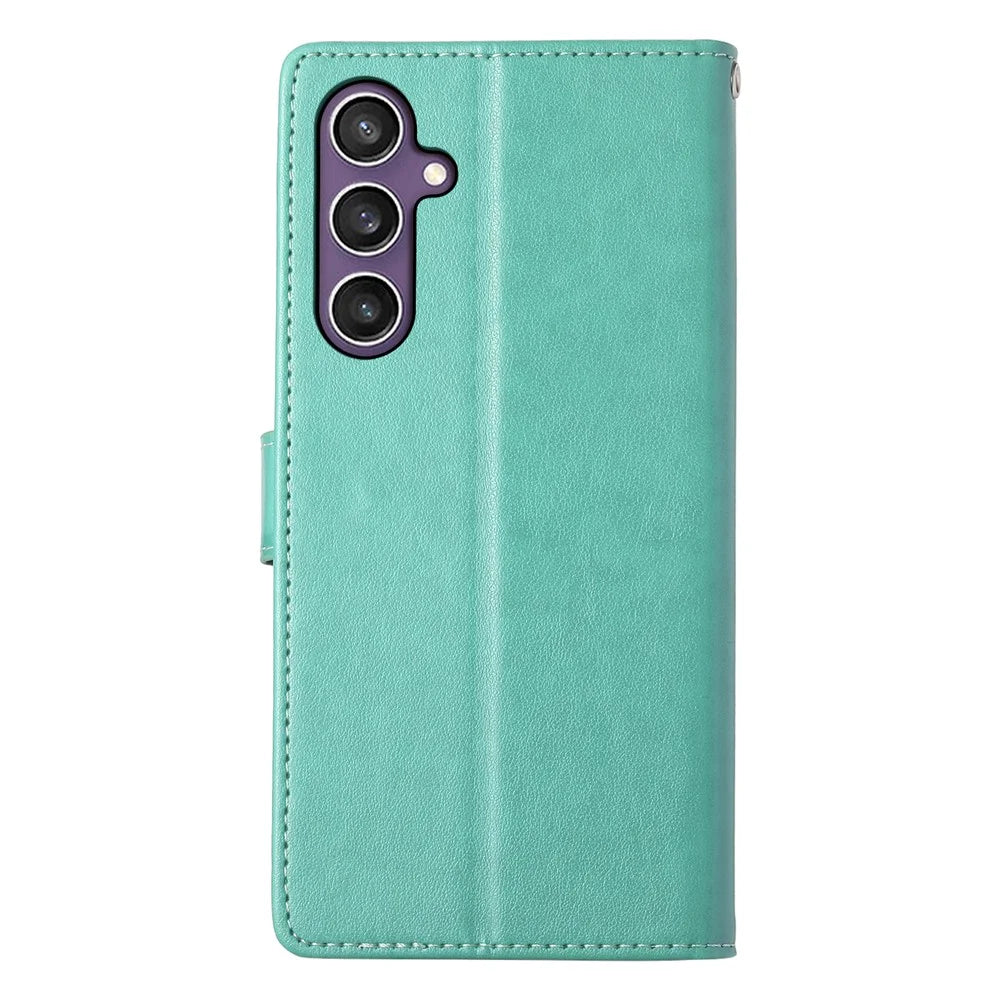 For Samsung Galaxy S25 Wallet Case Butterfly Floral Imprint PU Leather Phone Cover with Wrist Strap - Green - 7