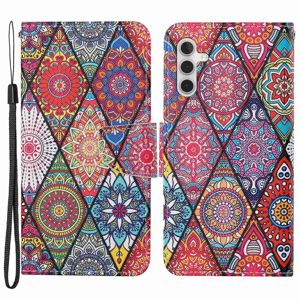 For Samsung Galaxy A14 5G / 4G Cross Texture PU Leather Flip Stand Case Wallet Phone Cover with Strap - Rhombus  /  Totem - 1
