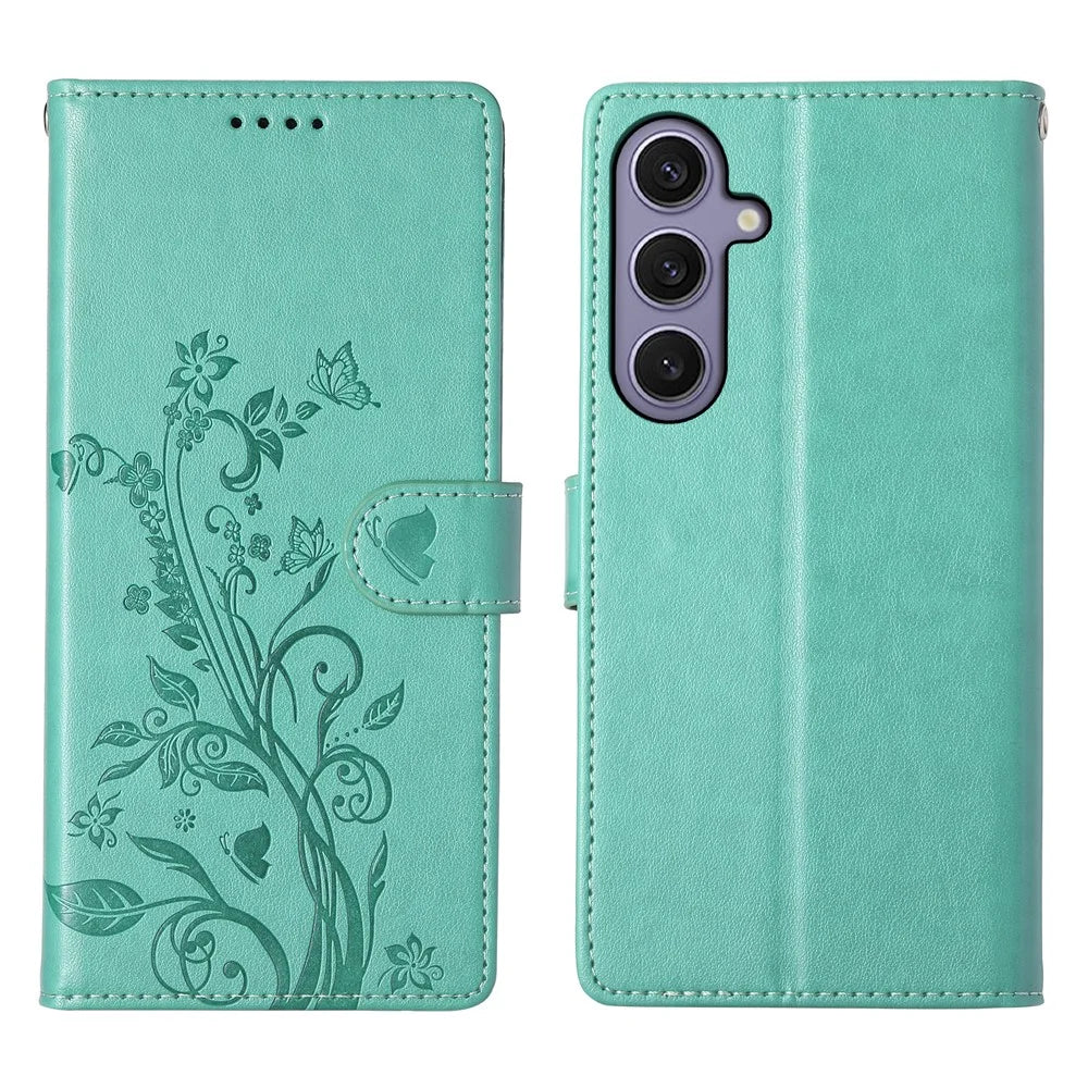 For Samsung Galaxy S25+ Wallet Case Butterfly Floral Imprint PU Leather Phone Cover with Wrist Strap - Green - 1