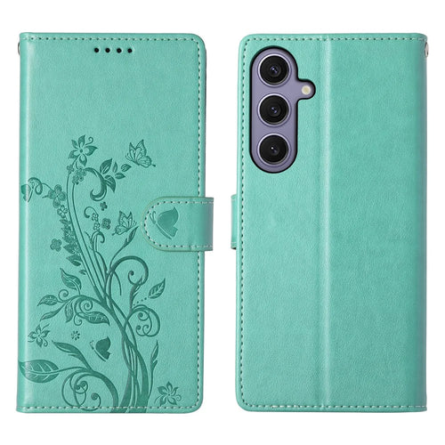 For Samsung Galaxy S25+ Wallet Case Butterfly Floral Imprint PU Leather Phone Cover with Wrist Strap - Green - 1