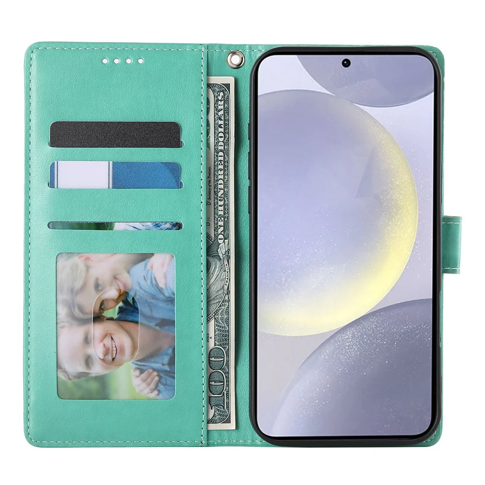 For Samsung Galaxy S25+ Wallet Case Butterfly Floral Imprint PU Leather Phone Cover with Wrist Strap - Green - 2