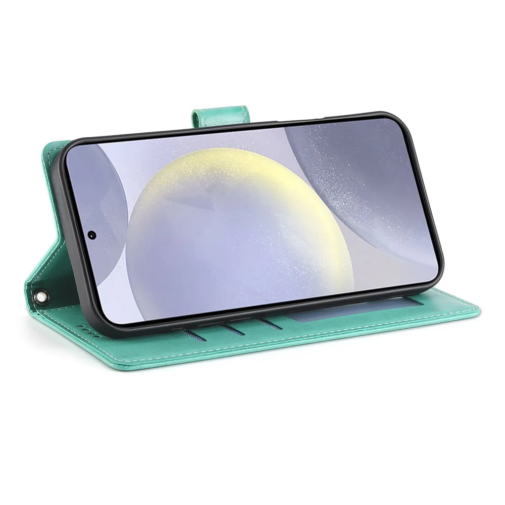 For Samsung Galaxy S25+ Wallet Case Butterfly Floral Imprint PU Leather Phone Cover with Wrist Strap - Green - 3