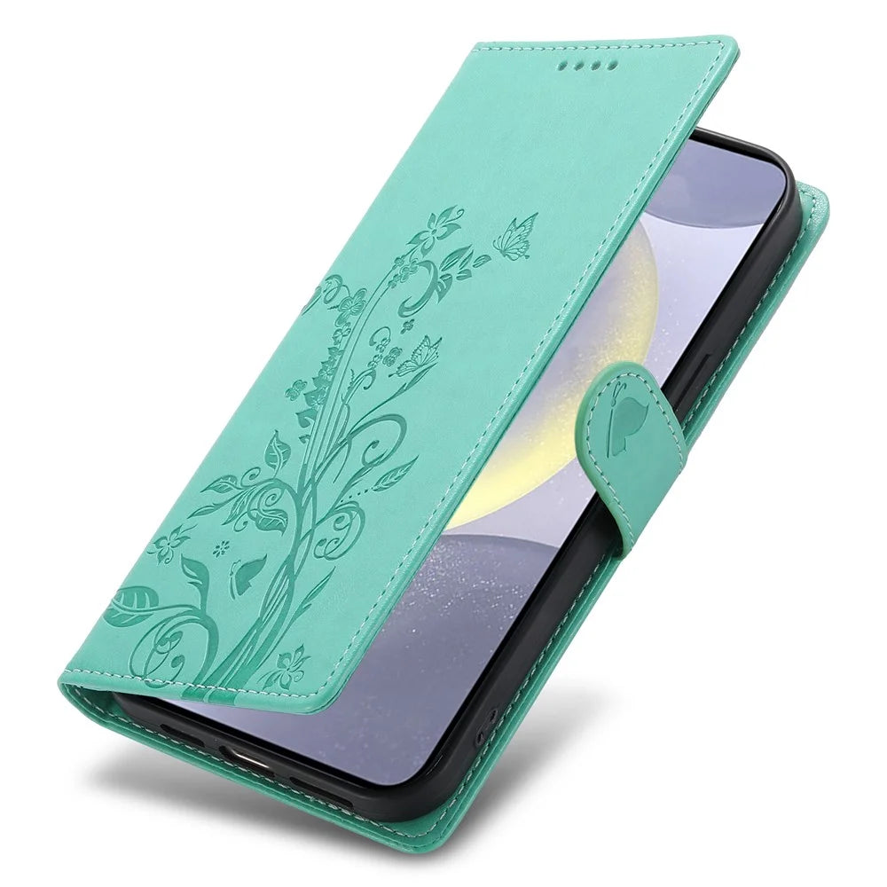 For Samsung Galaxy S25+ Wallet Case Butterfly Floral Imprint PU Leather Phone Cover with Wrist Strap - Green - 5