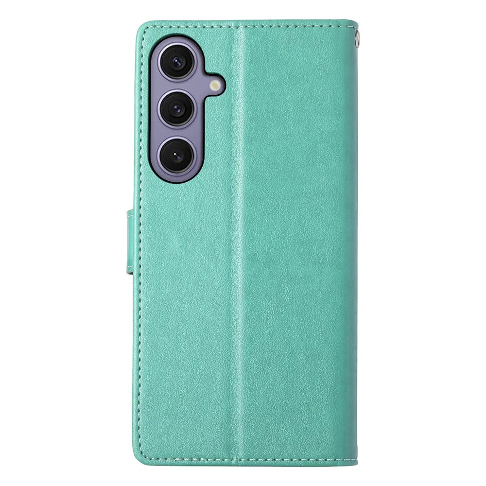 For Samsung Galaxy S25+ Wallet Case Butterfly Floral Imprint PU Leather Phone Cover with Wrist Strap - Green - 7