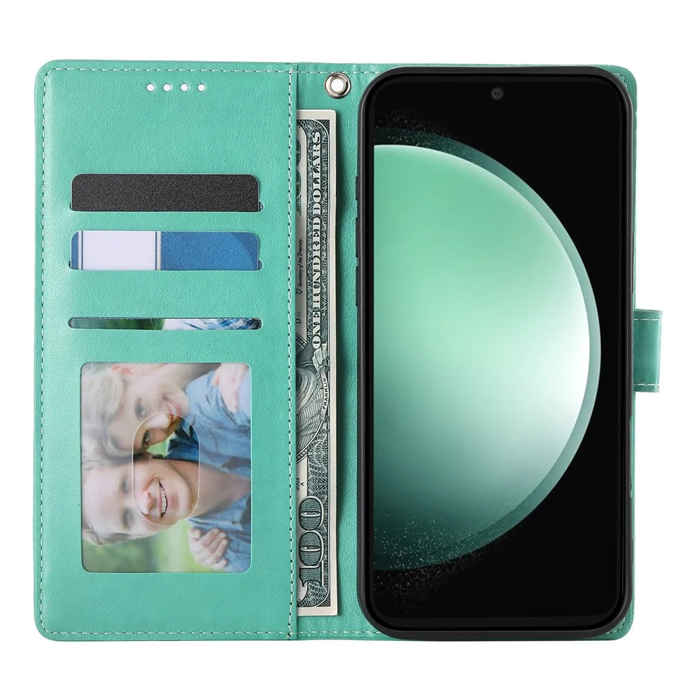 For Samsung Galaxy S24 FE Wallet Case Butterfly Floral Imprint PU Leather Phone Cover with Wrist Strap - Green - 2