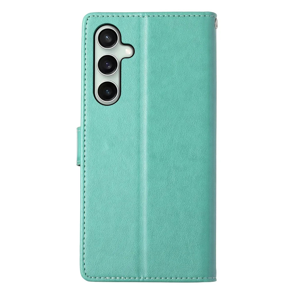 For Samsung Galaxy S24 FE Wallet Case Butterfly Floral Imprint PU Leather Phone Cover with Wrist Strap - Green - 7