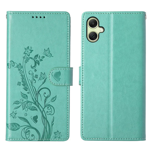 For Samsung Galaxy A06 5G  /  4G Wallet Case Butterfly Floral Imprint PU Leather Phone Cover with Wrist Strap - Green - 1