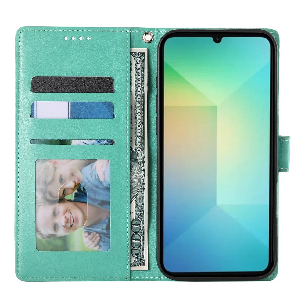 For Samsung Galaxy A06 5G  /  4G Wallet Case Butterfly Floral Imprint PU Leather Phone Cover with Wrist Strap - Green - 2