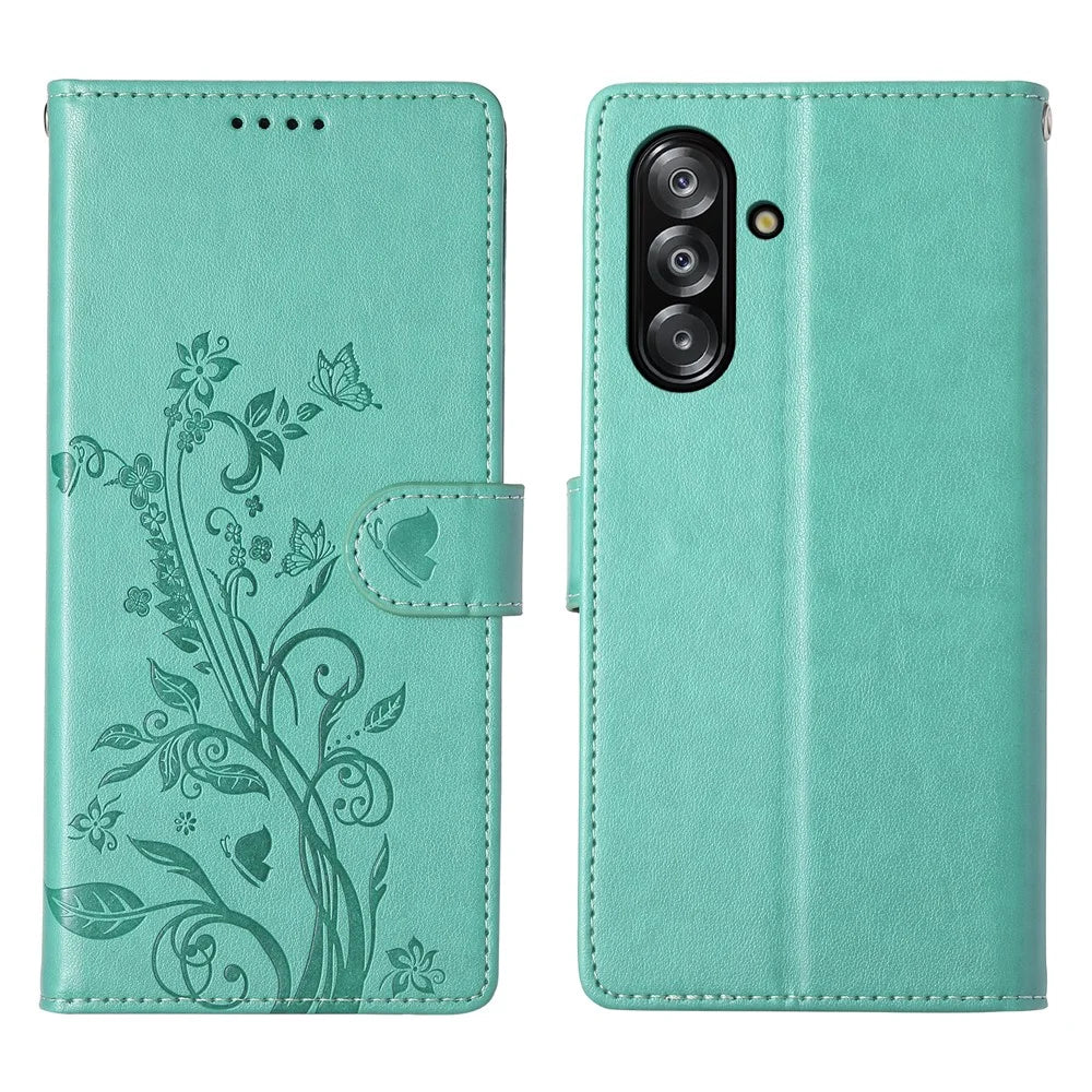 For Samsung Galaxy A26 5G Wallet Case Butterfly Floral Imprint PU Leather Phone Cover with Wrist Strap - Green - 1
