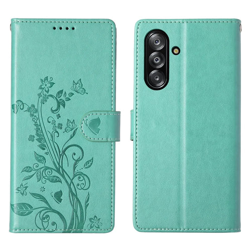 For Samsung Galaxy A26 5G Wallet Case Butterfly Floral Imprint PU Leather Phone Cover with Wrist Strap - Green - 1