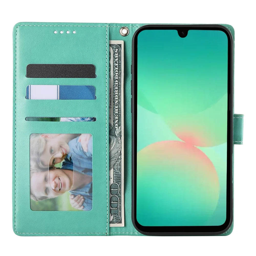 For Samsung Galaxy A26 5G Wallet Case Butterfly Floral Imprint PU Leather Phone Cover with Wrist Strap - Green - 2