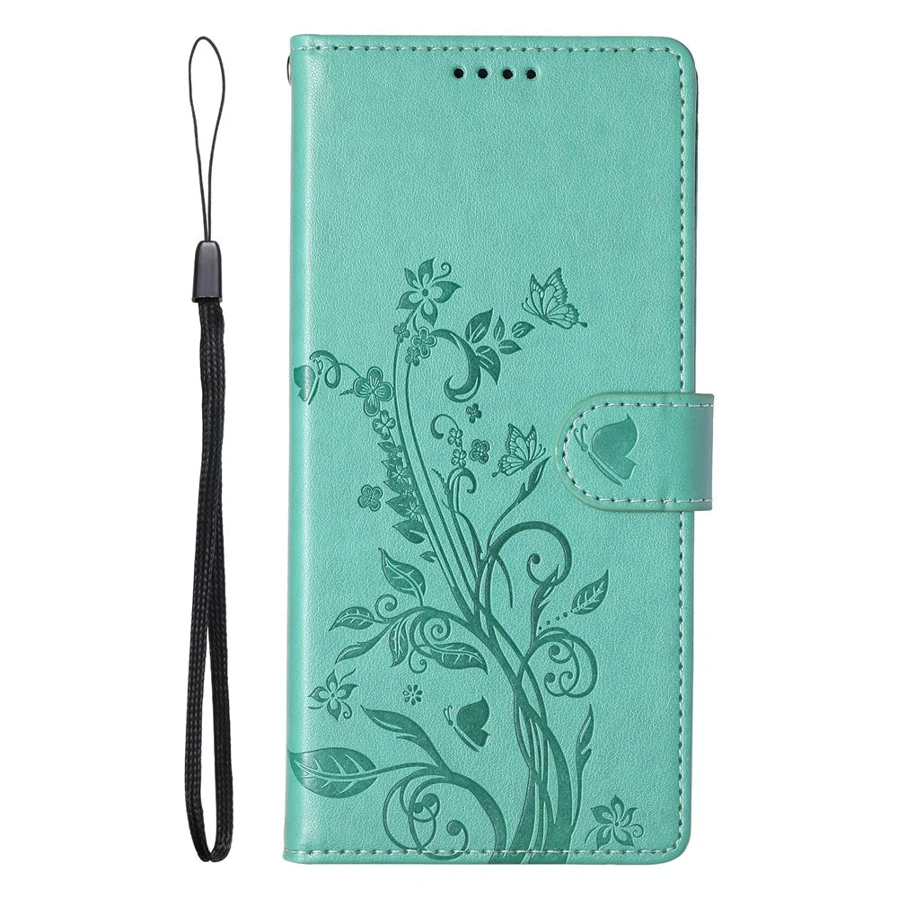 For Samsung Galaxy A26 5G Wallet Case Butterfly Floral Imprint PU Leather Phone Cover with Wrist Strap - Green - 6