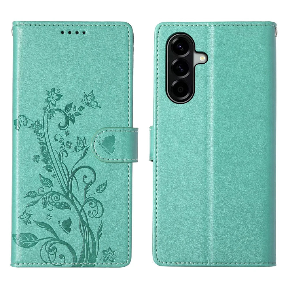 For Samsung Galaxy A36 5G Wallet Case Butterfly Floral Imprint PU Leather Phone Cover with Wrist Strap - Green - 1