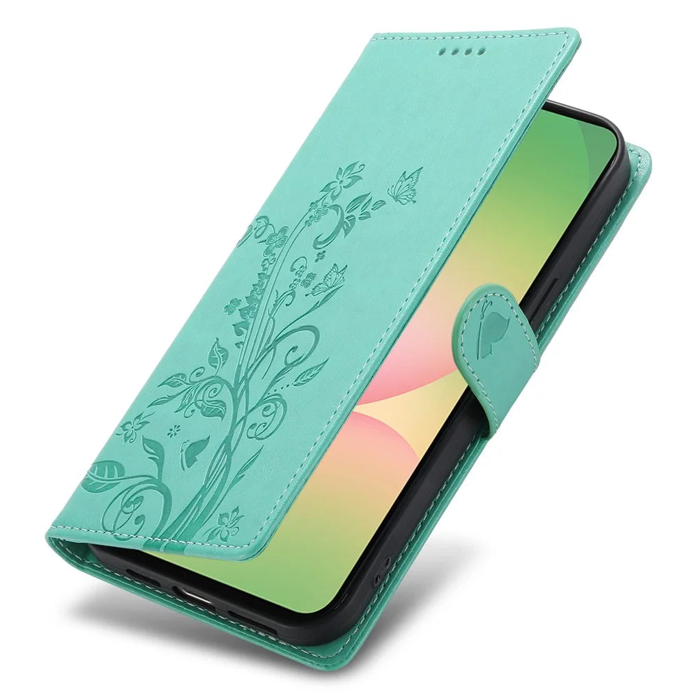 For Samsung Galaxy A36 5G Wallet Case Butterfly Floral Imprint PU Leather Phone Cover with Wrist Strap - Green - 5