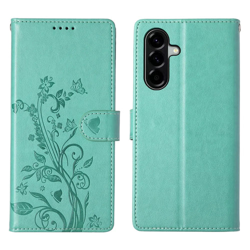 For Samsung Galaxy A56 5G Wallet Case Butterfly Floral Imprint PU Leather Phone Cover with Wrist Strap - Green - 1