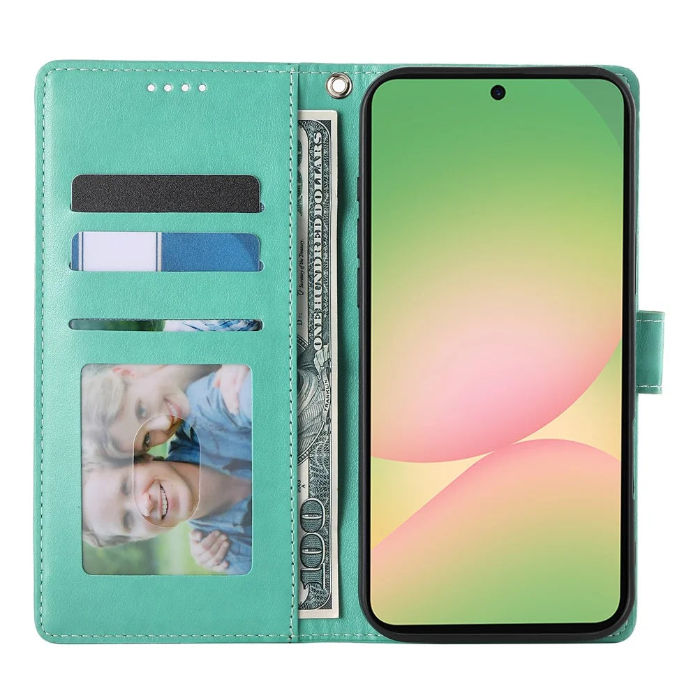 For Samsung Galaxy A56 5G Wallet Case Butterfly Floral Imprint PU Leather Phone Cover with Wrist Strap - Green - 2