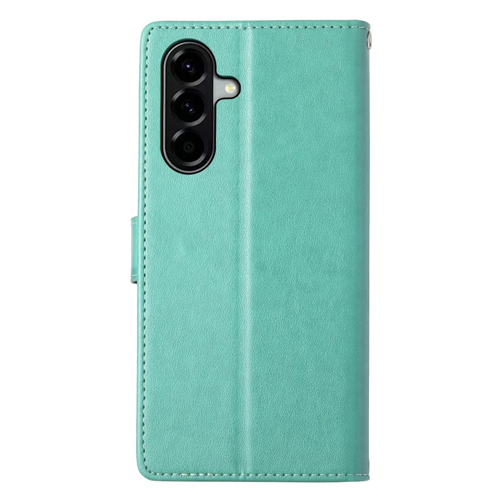For Samsung Galaxy A56 5G Wallet Case Butterfly Floral Imprint PU Leather Phone Cover with Wrist Strap - Green - 7