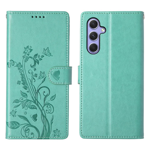 For Samsung Galaxy A16 5G  /  4G Wallet Case Butterfly Floral Imprint PU Leather Phone Cover with Wrist Strap - Green - 1