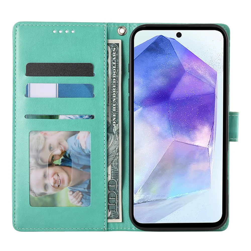 For Samsung Galaxy A16 5G  /  4G Wallet Case Butterfly Floral Imprint PU Leather Phone Cover with Wrist Strap - Green - 2