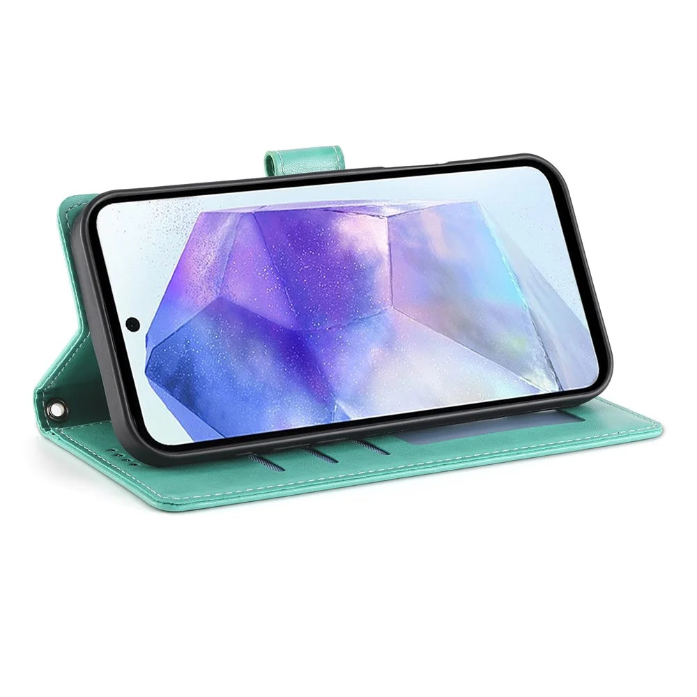 For Samsung Galaxy A16 5G  /  4G Wallet Case Butterfly Floral Imprint PU Leather Phone Cover with Wrist Strap - Green - 3