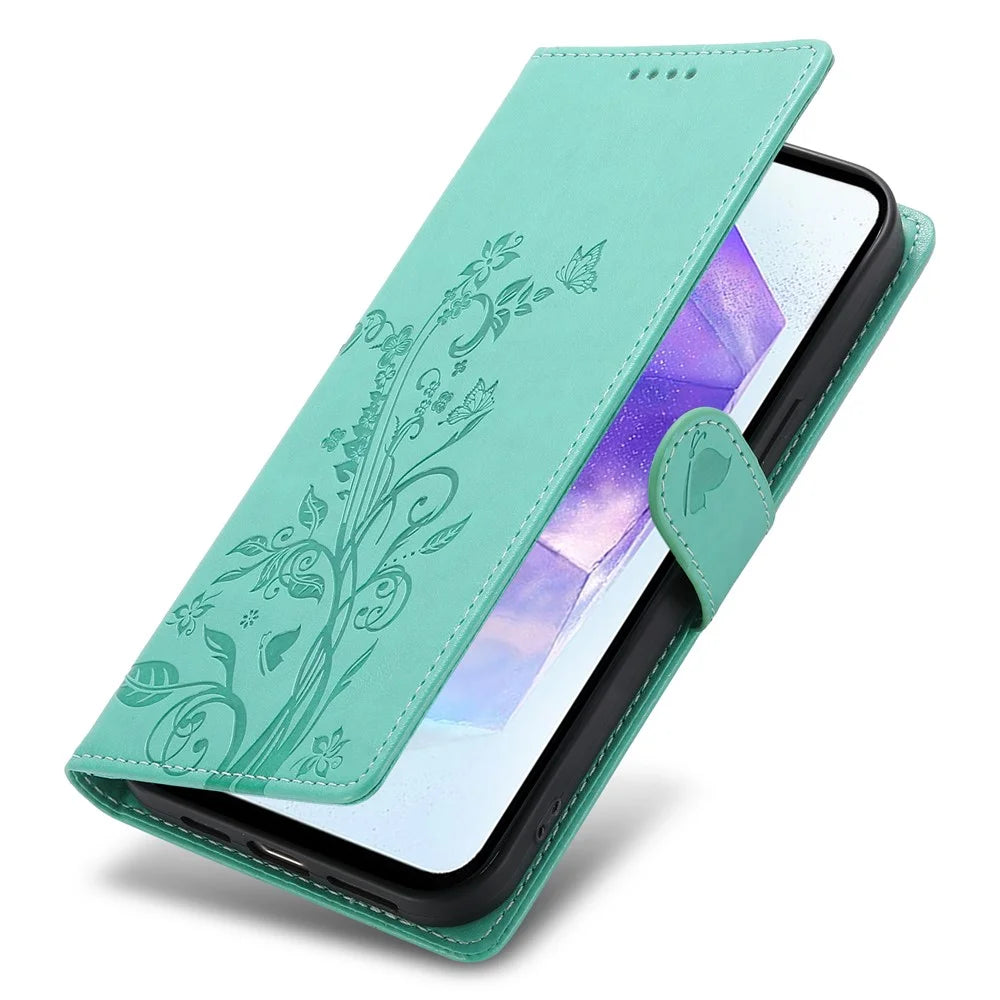 For Samsung Galaxy A16 5G  /  4G Wallet Case Butterfly Floral Imprint PU Leather Phone Cover with Wrist Strap - Green - 5