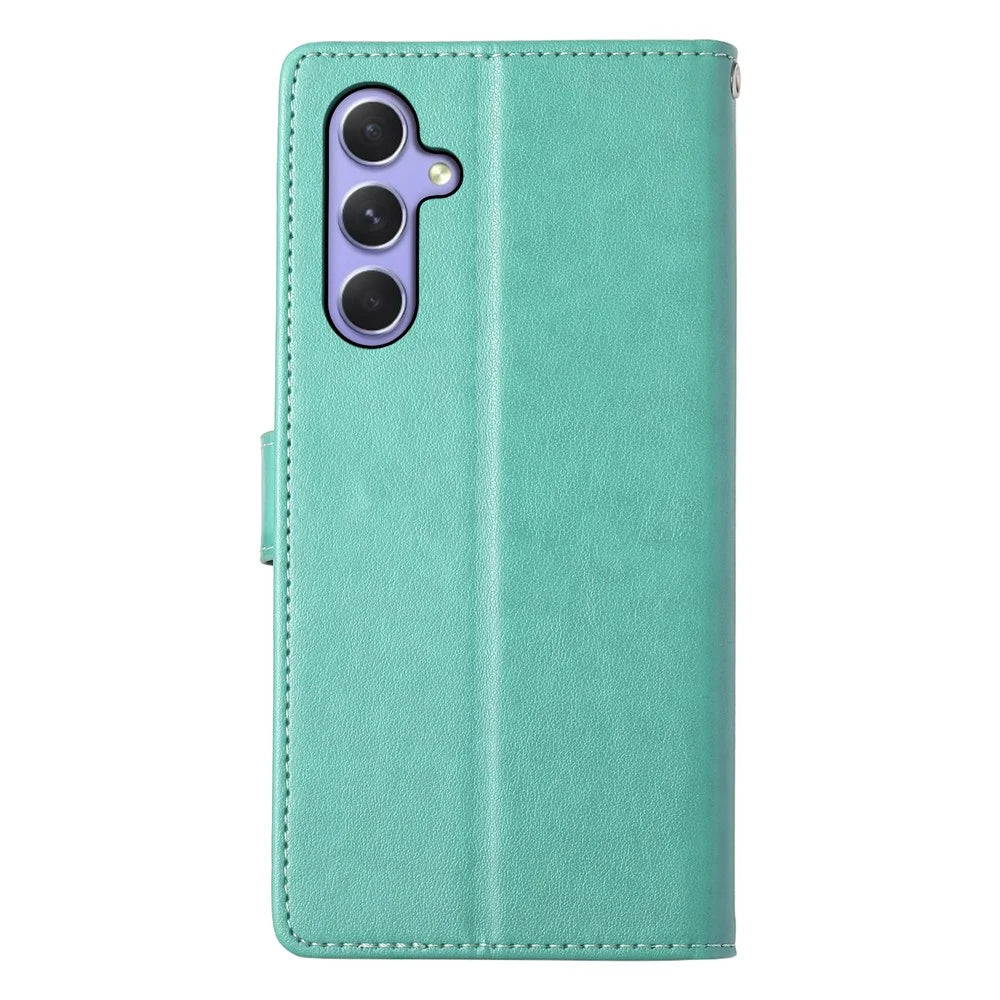 For Samsung Galaxy A16 5G  /  4G Wallet Case Butterfly Floral Imprint PU Leather Phone Cover with Wrist Strap - Green - 7