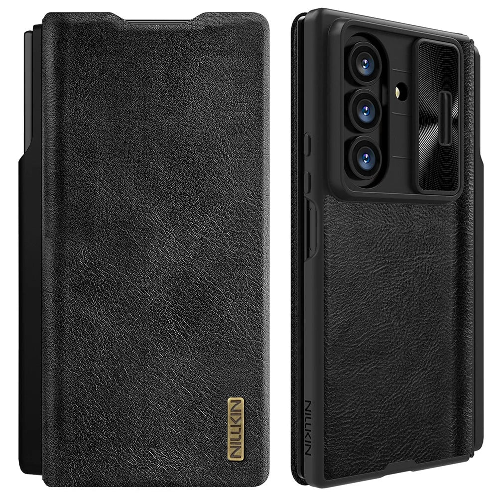 NILLKIN Qin Pro Series for Samsung Galaxy Z Fold7 5G Case with Card Slots Leather Phone Cover with Stylus - Black - 1