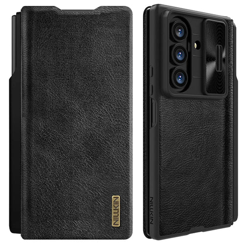 NILLKIN Qin Pro Series for Samsung Galaxy Z Fold7 5G Case with Card Slots Leather Phone Cover with Stylus - Black - 1