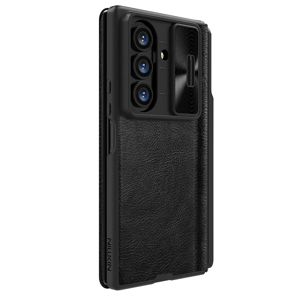 NILLKIN Qin Pro Series for Samsung Galaxy Z Fold7 5G Case with Card Slots Leather Phone Cover with Stylus - Black - 6