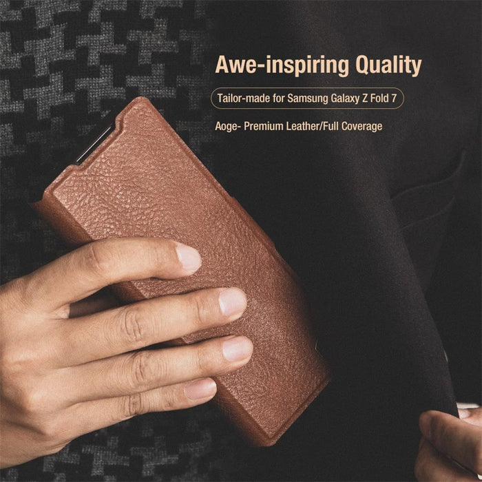 NILLKIN For Samsung Galaxy Z Fold7 5G Case PU + PC Stand Design Phone Cover with Card Slot - Brown - 5