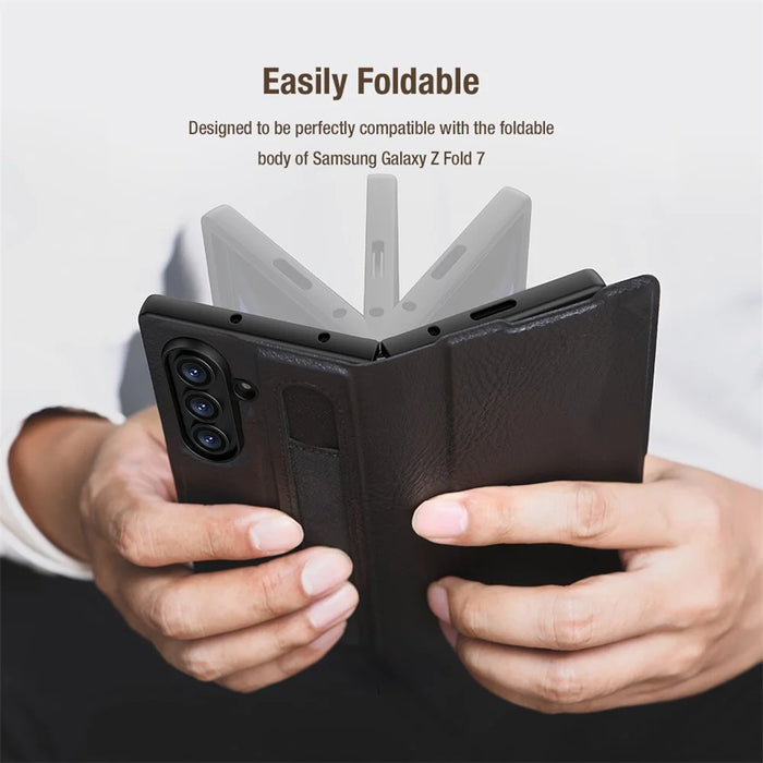 NILLKIN For Samsung Galaxy Z Fold7 5G Case PU + PC Stand Design Phone Cover with Card Slot - Brown - 7