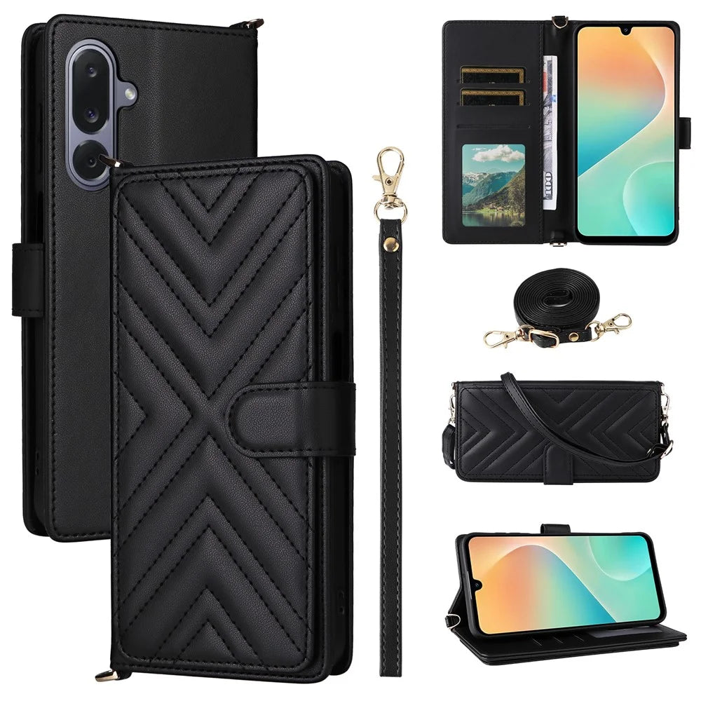 For Samsung Galaxy M36 5G Case with Shoulder / Wrist Strap Leather Phone Cover Stand Wallet - Black - 1