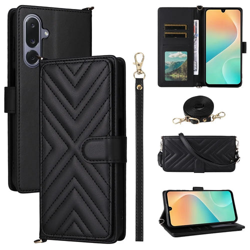 For Samsung Galaxy M36 5G Case with Shoulder / Wrist Strap Leather Phone Cover Stand Wallet - Black - 1