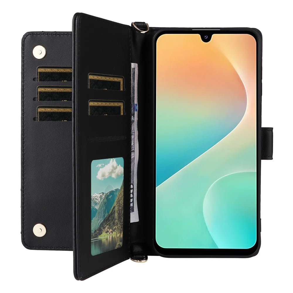 For Samsung Galaxy M36 5G Case with Shoulder / Wrist Strap Leather Phone Cover Stand Wallet - Black - 2