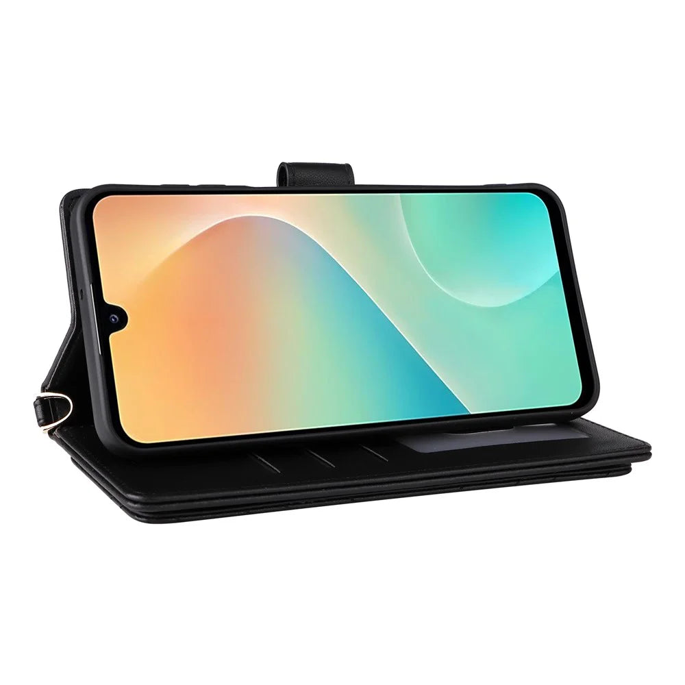 For Samsung Galaxy M36 5G Case with Shoulder / Wrist Strap Leather Phone Cover Stand Wallet - Black - 5