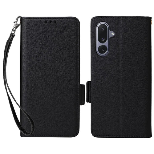 For Samsung Galaxy M36 5G Case with Wrist Strap Litchi Texture PU Leather Wallet Phone Cover - Black - 1