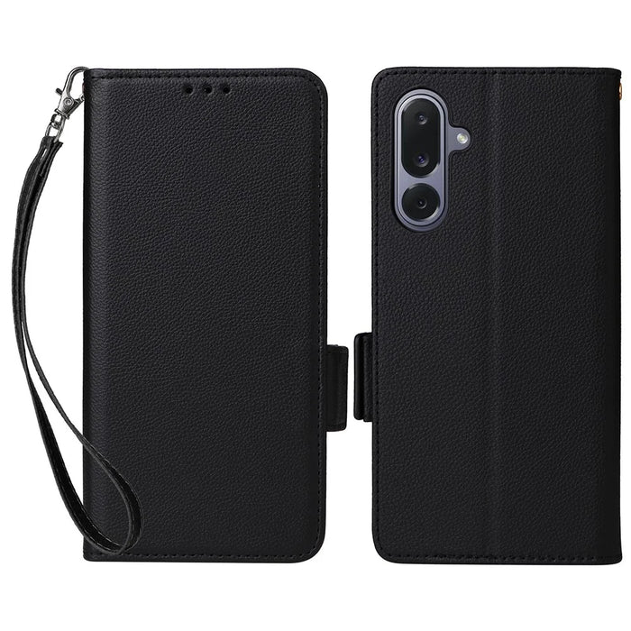 For Samsung Galaxy M36 5G Case with Wrist Strap Litchi Texture PU Leather Wallet Phone Cover - Black - 1