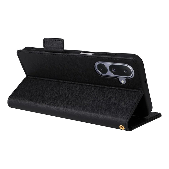 For Samsung Galaxy M36 5G Case with Wrist Strap Litchi Texture PU Leather Wallet Phone Cover - Black - 4