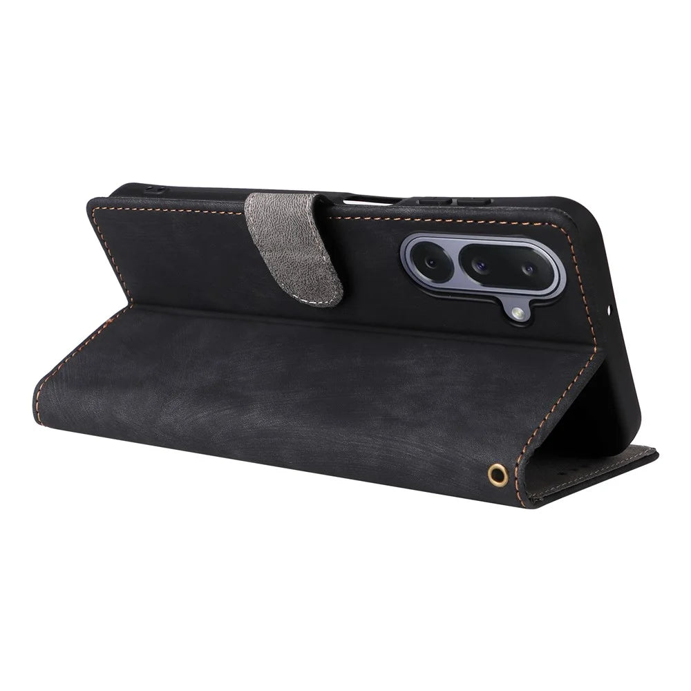 For Samsung Galaxy M36 5G Case Wallet RFID Blocking PU Leather Phone Cover Stand with Strap - Black - 5