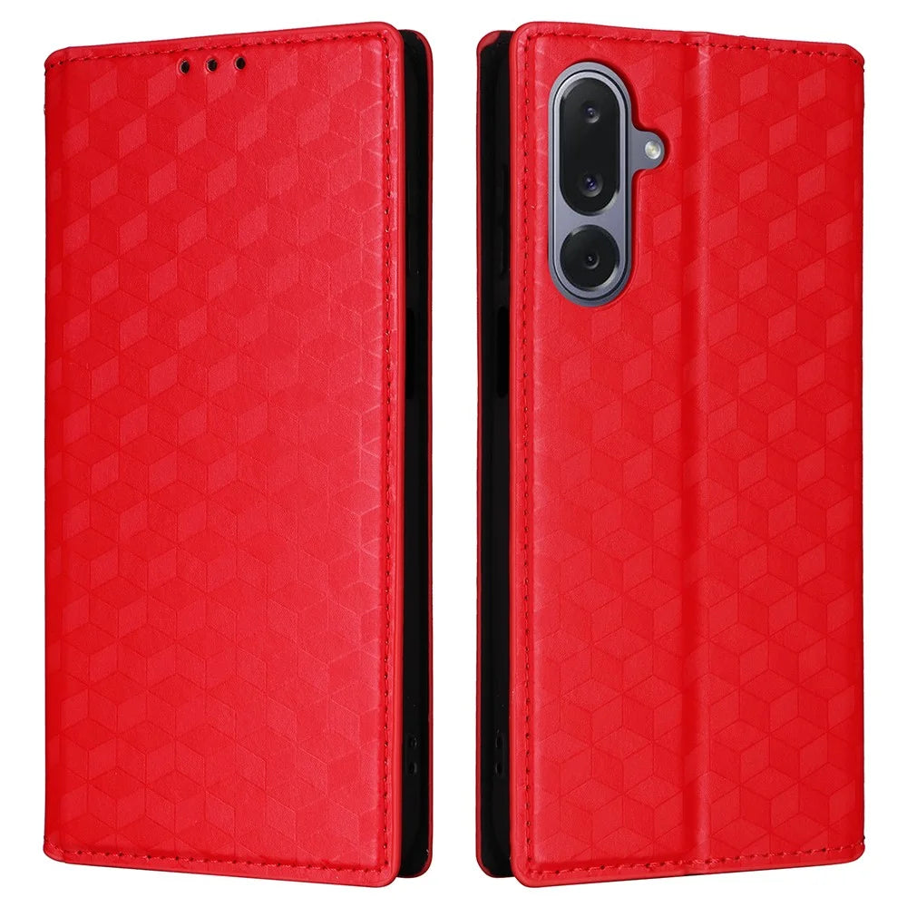 For Samsung Galaxy M36 5G Case Wallet Rhombus Imprinted Leather Phone Cover - Red - 1