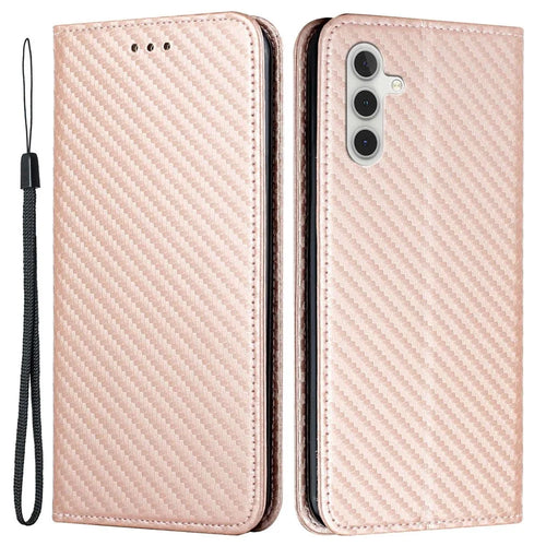 For Samsung Galaxy A14 5G / 4G Carbon Fiber Texture PU Leather Wallet Case Stand Phone Cover with Wrist Strap - Rose Gold - 1