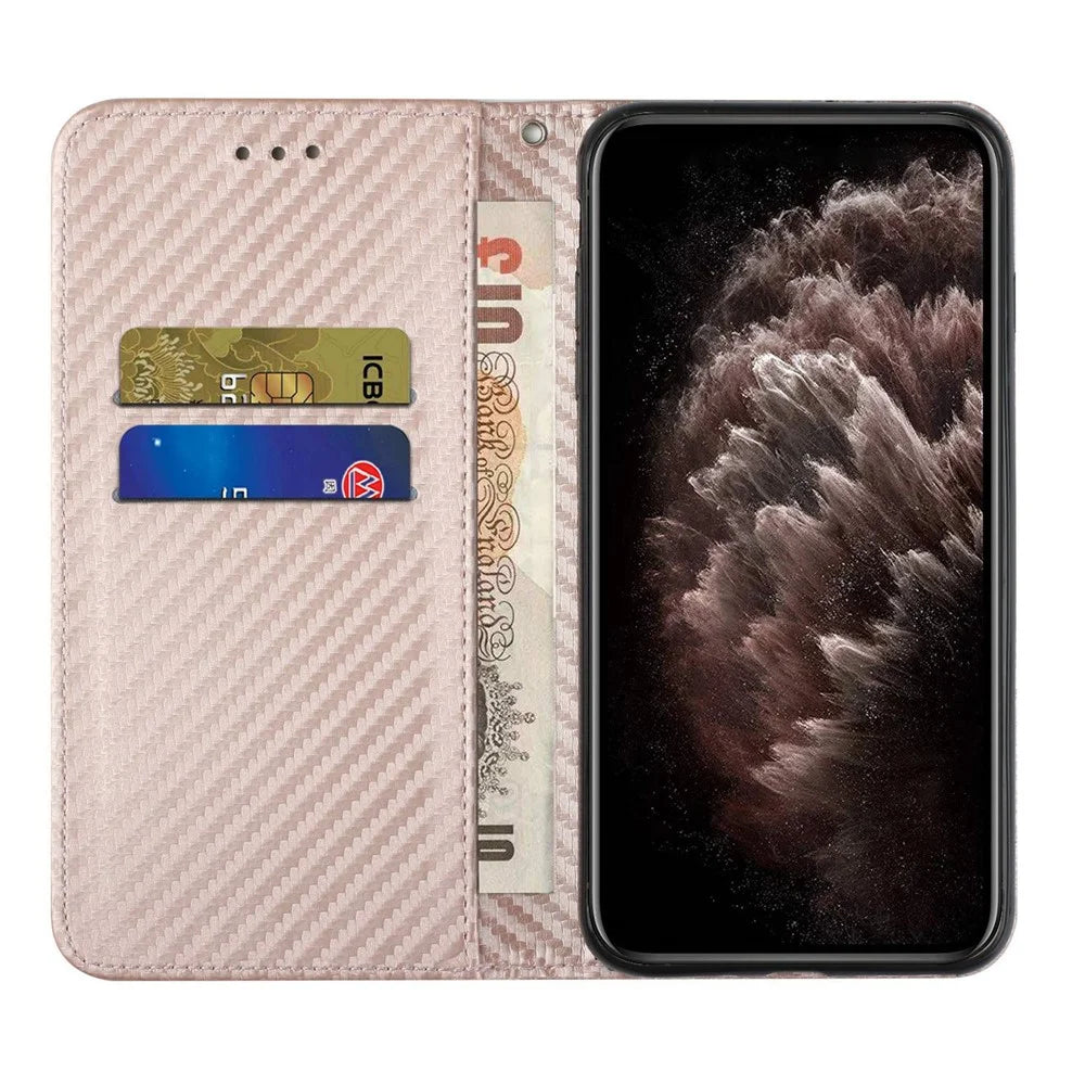 For Samsung Galaxy A14 5G / 4G Carbon Fiber Texture PU Leather Wallet Case Stand Phone Cover with Wrist Strap - Rose Gold - 2