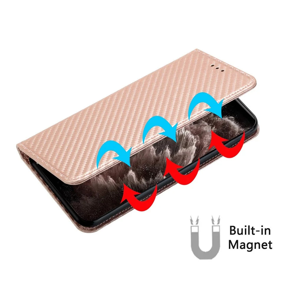 For Samsung Galaxy A14 5G / 4G Carbon Fiber Texture PU Leather Wallet Case Stand Phone Cover with Wrist Strap - Rose Gold - 4